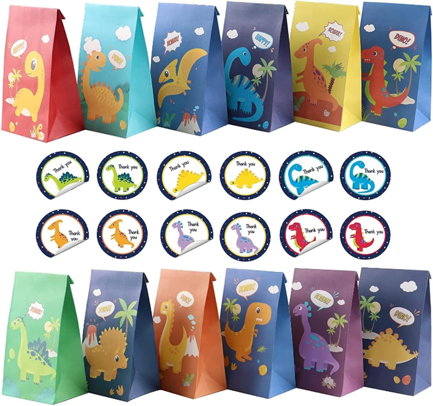 Party Favor Bags, Paper Party Gift Bags, 24 Packs Dinosaur Theme Birthday Party Favors Bag for Kids Boys Birthday Baby Shower Give Away Gift, Kraft Paper Party Treat Candy Goodie Bag & Seal Sticker