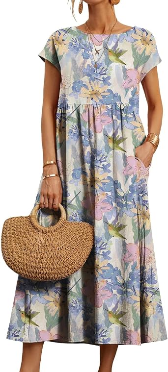 DMOYALA Summer Midi Dress for Women 2026 Spring Trendy Floral Print Boho Dress Casual Short Sleeve Sundresses with Pockets