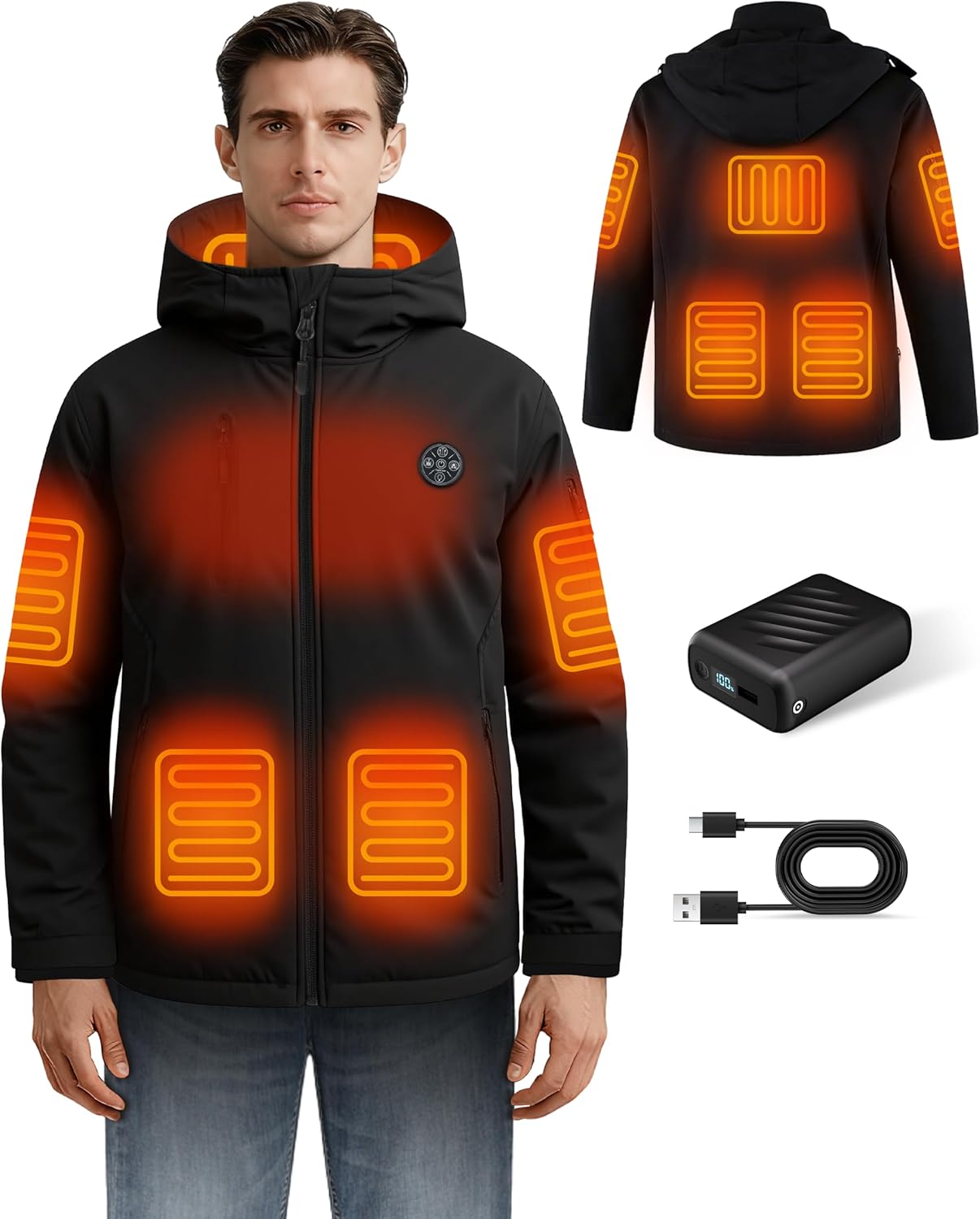 Mens Heated Jacket with 20000mAh Battery Pack, 8 Heating Zones Windproof Waterproof Winter Thermal Electric Heated Coat for Outdoor Work, Motorcycling, Hiking with Detachable Hood L