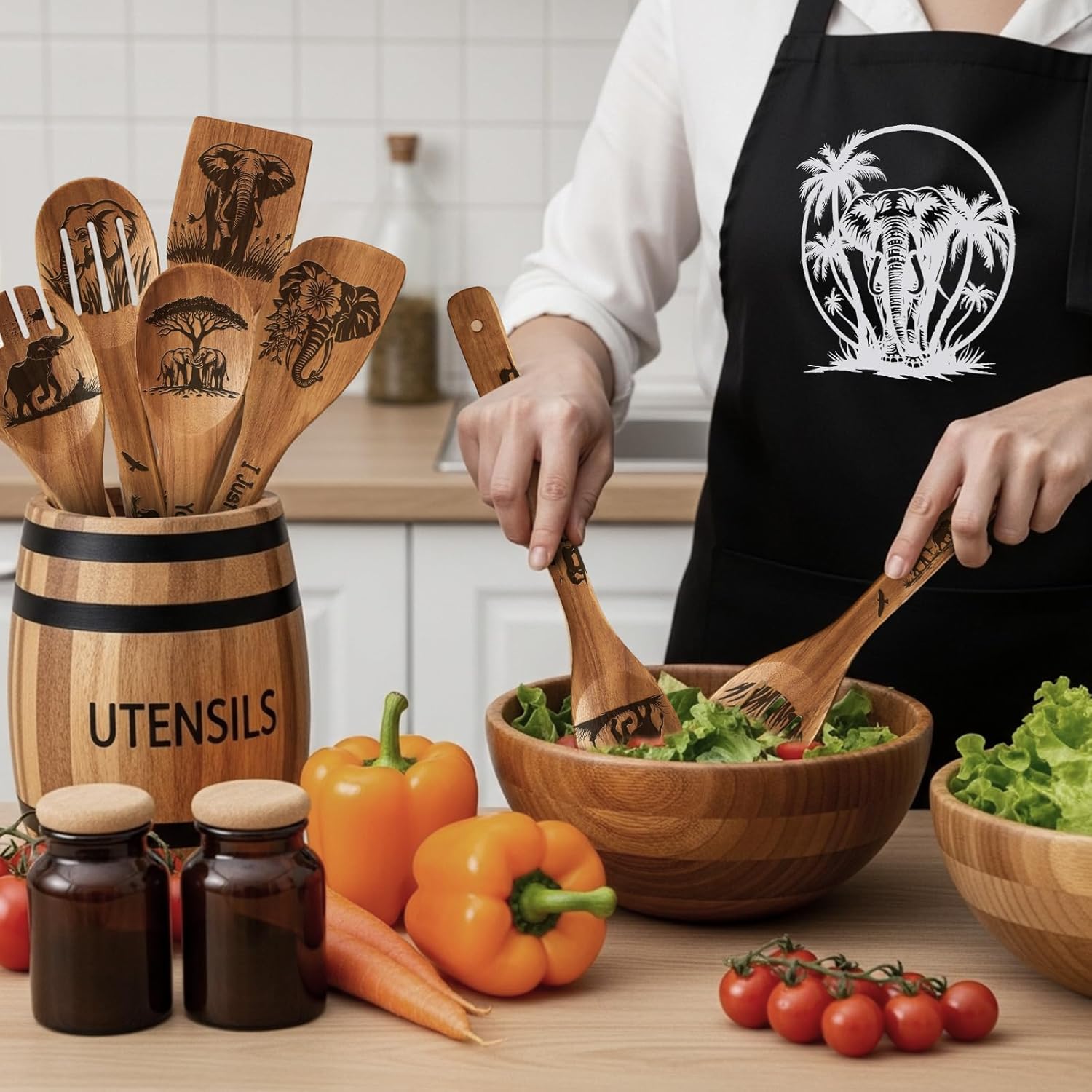 Remerry 6 Pcs Elephant Gifts for Women Elephant Kitchen Gift Set with Acacia Cooking Spoons Apron Christmas Kitchen Cooking Utensils Set for Christmas Mother's Day Housewarming Gift - Image 5