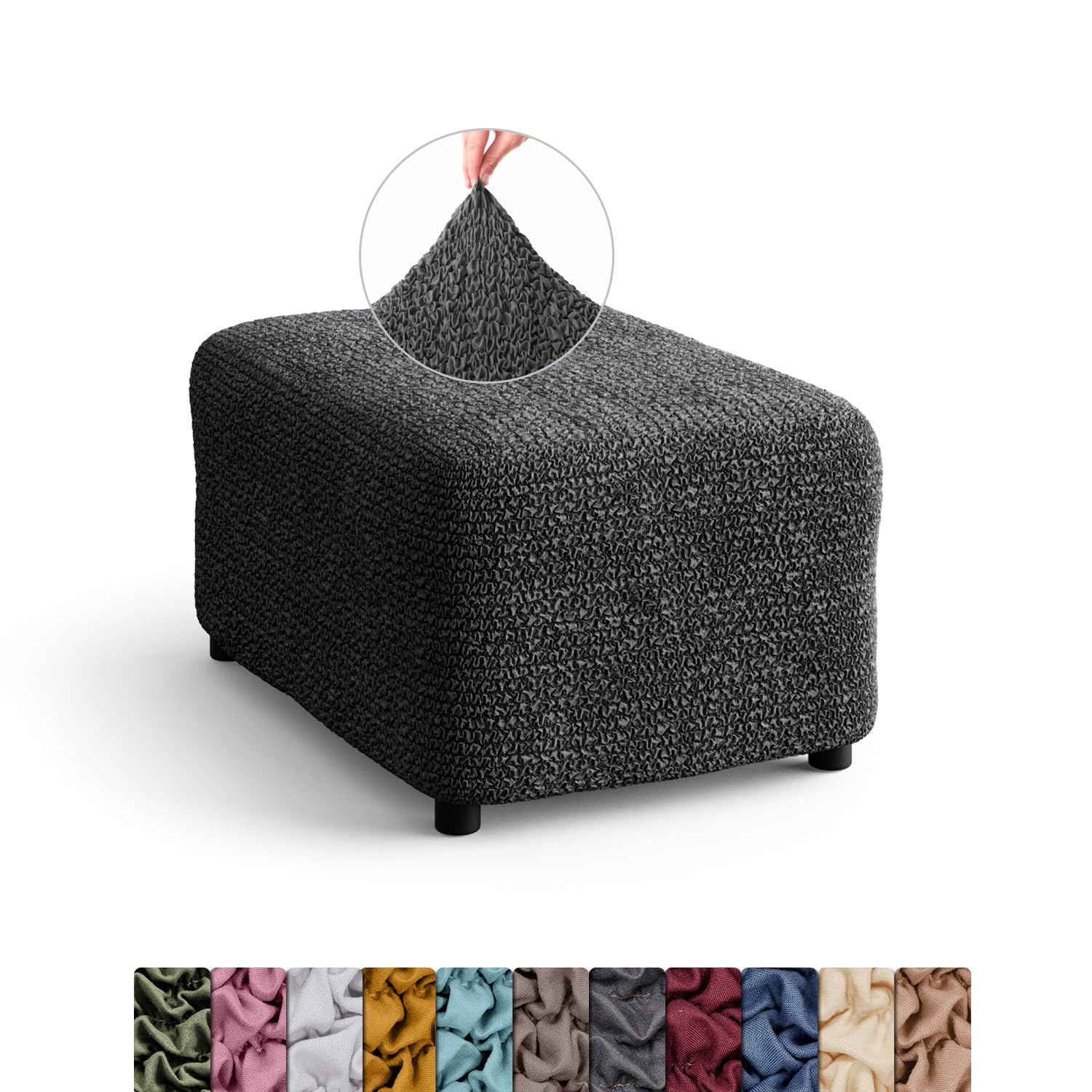 Menotti Grey Footstool Ottoman Foot Rest Slip Cover For Sofa And Armchair Stretch Elastic Fabric Protector - Microfibra - (Footstool)