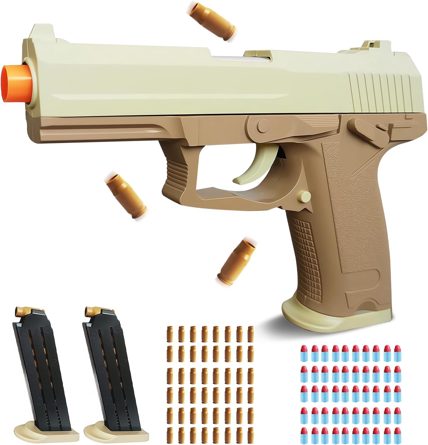 Sand Soft Bullet Toy Gun Shell Ejecting for Age 8, 9, 10, 11, 12+ Years Old Boys, Realistic Toy Pistol with 50 Foam Bullets, 48 Shells & 2 Clips, Ideal Christmas Birthday Gift for Kids Adults