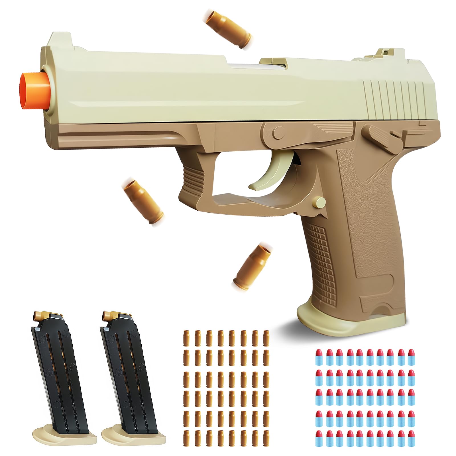 Sand Soft Bullet Toy Gun Shell Ejecting for Age 8, 9, 10, 11, 12+ Years Old Boys, Realistic Toy Pistol with 50 Foam Bullets, 48 Shells & 2 Clips, Ideal Christmas Birthday Gift for Kids Adults