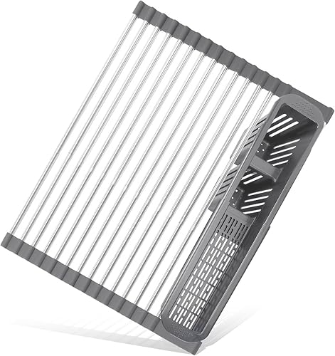 Miniatura 1 de Escurridor de platos enrollable, escurridor de platos extensible sobre el fregadero, estante de cocina de acero inoxidable con soporte para