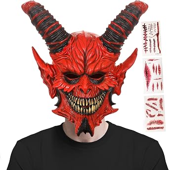 Adult Red Demon Mask with Ram Horns, Latex Full-Head Design for Halloween