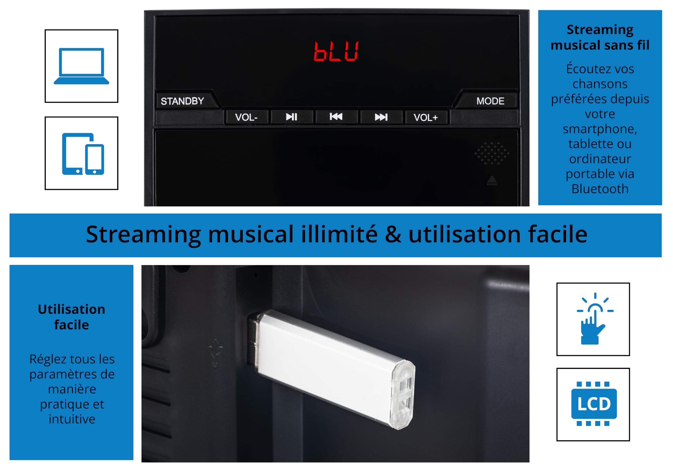 McGrey MCD-60 Système Stéréo Vertical - Hi?FI Compact Gain de Place avec Lecteur CD/MP3, Emplacement USB, Streaming Bluetooth & Radio FM/AM - Entrée AUX, Télécommande, 2X 3 Watt RMS - Noir