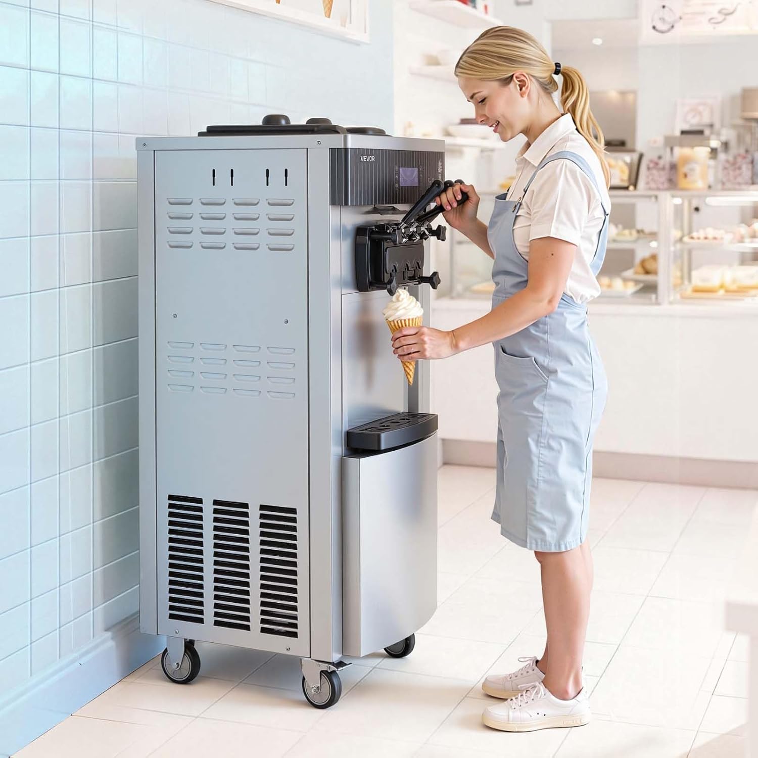 VEVOR Commercial Ice Cream Machine, 20-28L/H Yield, 2200W 3-Flavor Freestanding Soft Serve Ice Cream Maker with 2 x 6L Hoppers & Hopper Agitation, Pre-Cooling Self-Cleaning for Snack Dessert Shops
