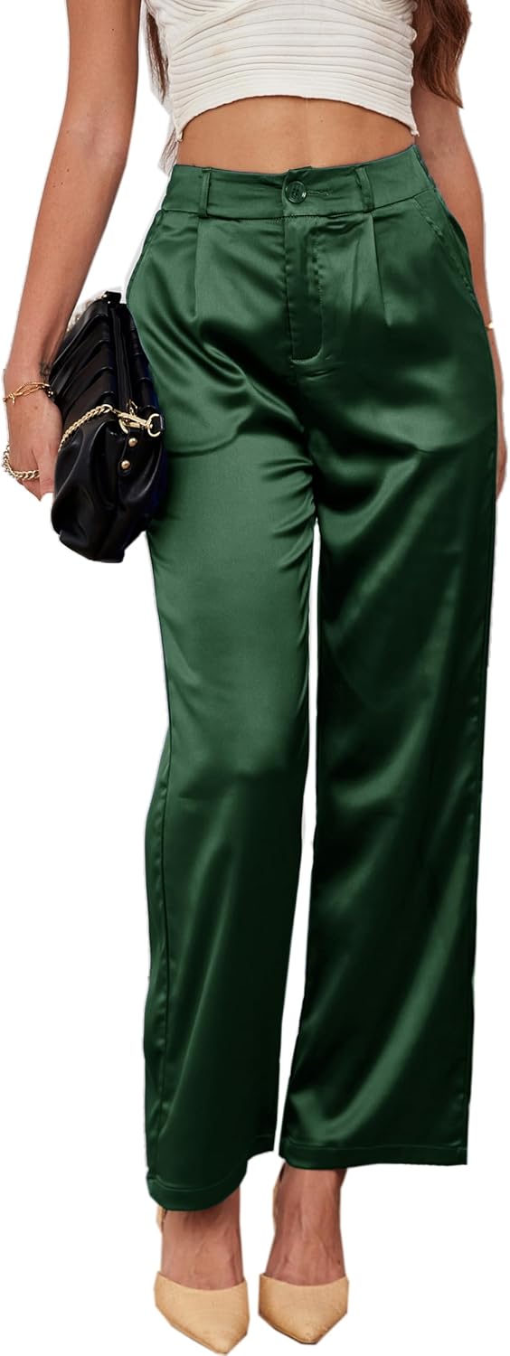 heipeiwa Women's Wide Leg Wedding Party Satin Casual Dress Nightout Pants Long Trouser