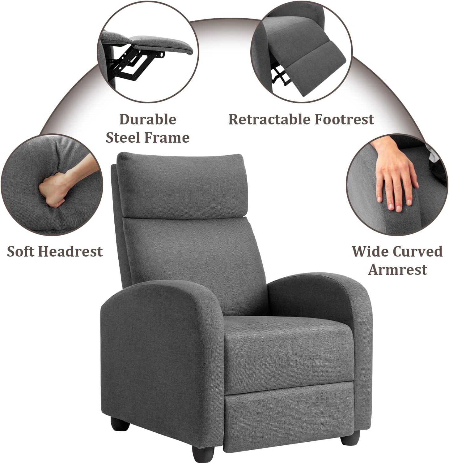 VICTONE Recliner Chair Massage Recliner Sofa Adjustable Single Fabric Recliner with Thicker Seat Cushion Modern Home Theater Seating for Living Room (Gray)