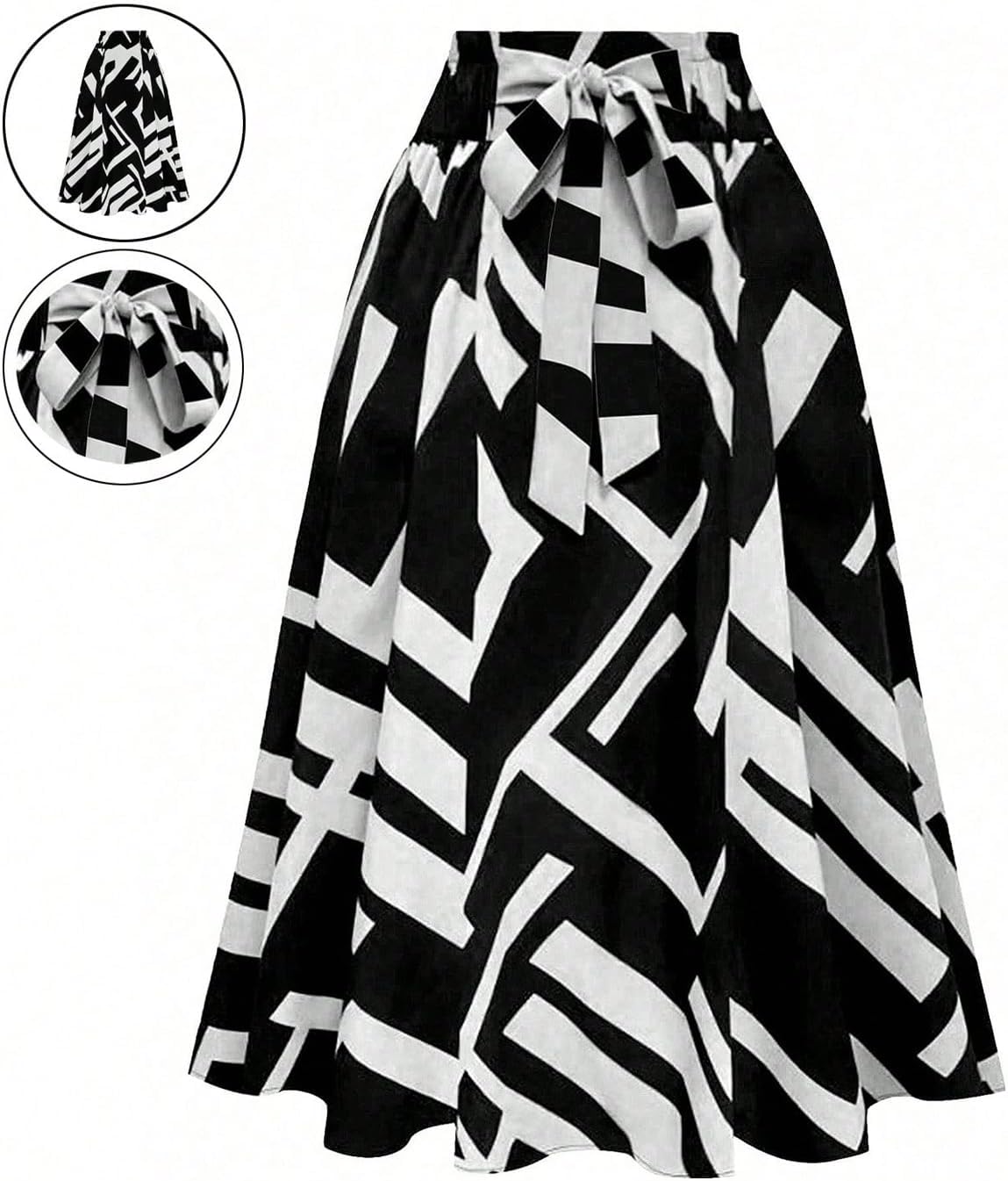 SHENHE Women's Pleated Bow Tie Geo Print Midi Length Skirt Elastic High Waist A Line Flowy Autumn Pleated Skirt - Image 3
