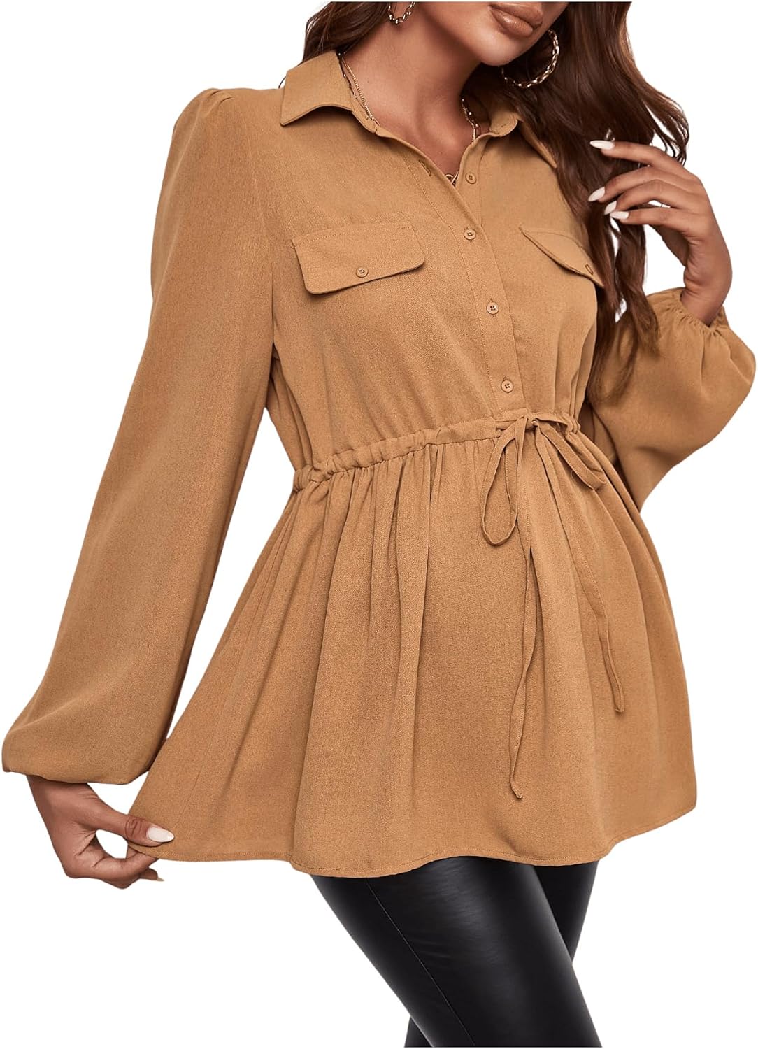 MakeMeChic Women's Maternity Blouse Long Sleeve Belted Button Down Casual Pregnancy Blouse Tops
