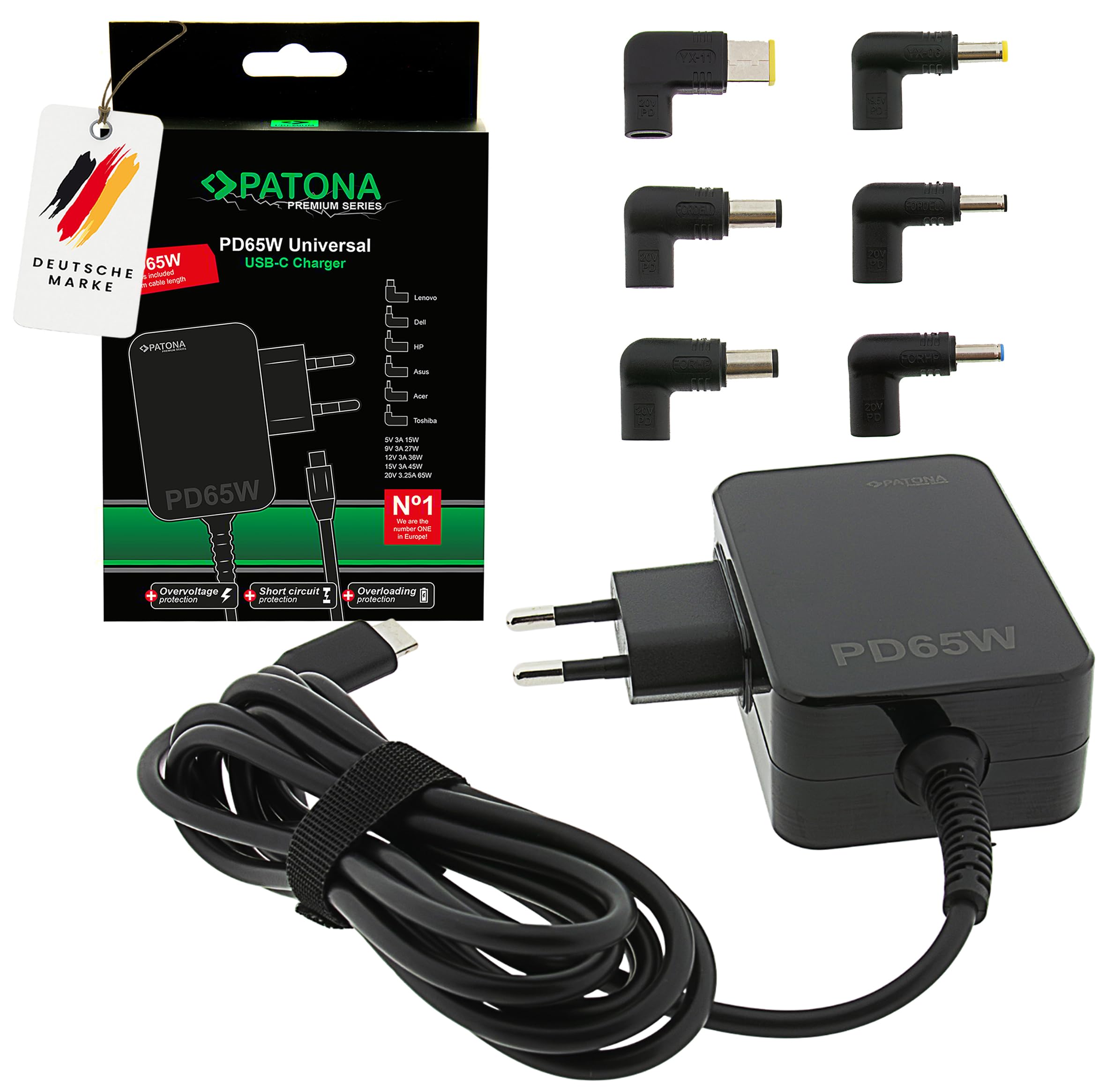 PATONA Adaptateur Secteur PD65W USB-C Power Delivery Chargeur Universel 100-240V Compatible ASUS Lenovo Dell HP
