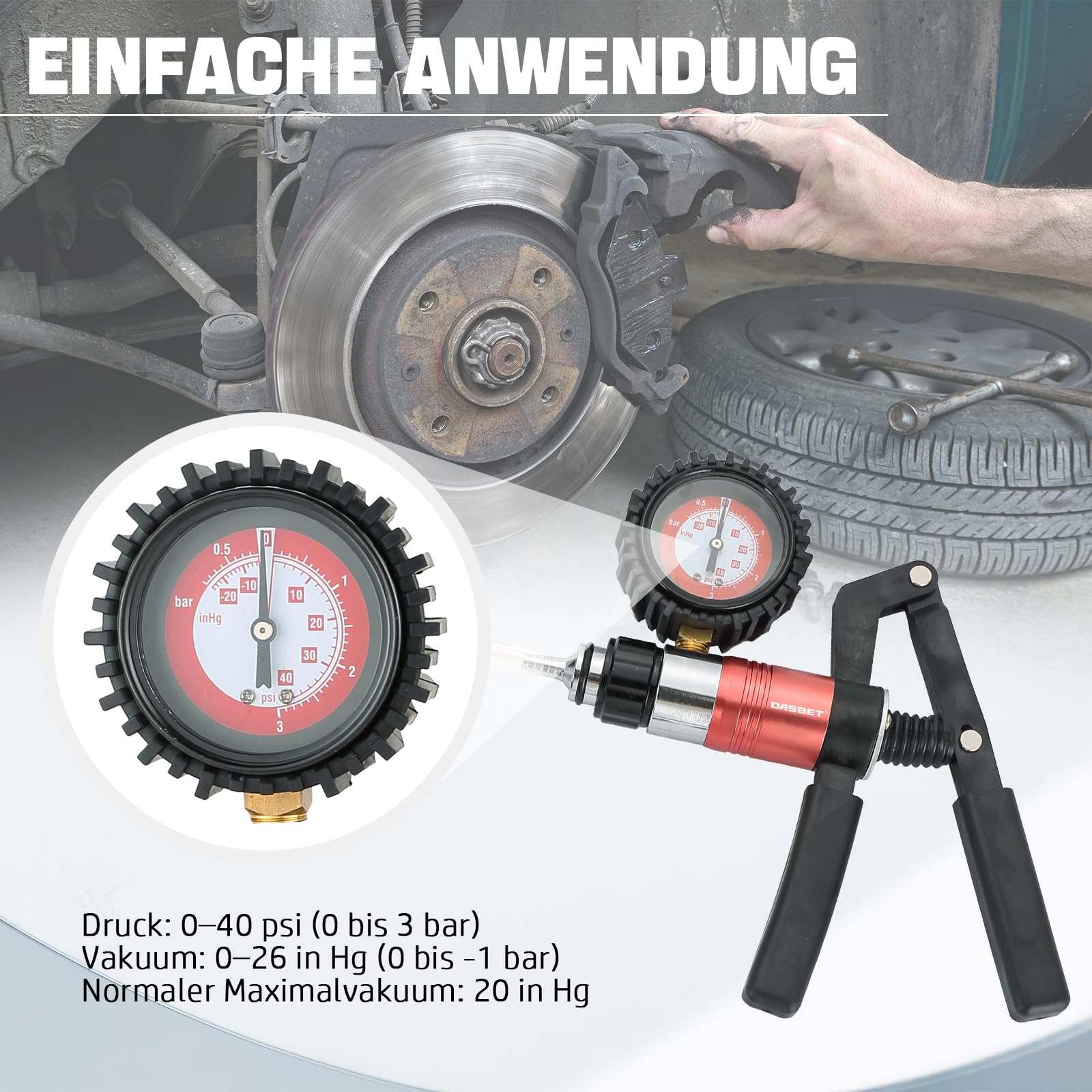 DASBET 23TLG Vakuumpumpe Bremsenentlüfter Set, Hand Unterdruckpumpe mit Druckprüfer & Adaptern, Vakuum Tester für Auto Motorrad Kfz Bremsen Entlüften mit Koffer