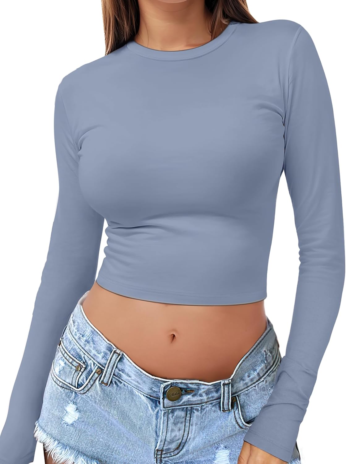 Womens Long Sleeve Crop Top Crew Neck Y2K Shirt Sexy Slim Fitted Casual Base Layer Soft Workout Shirt Going Out Tops