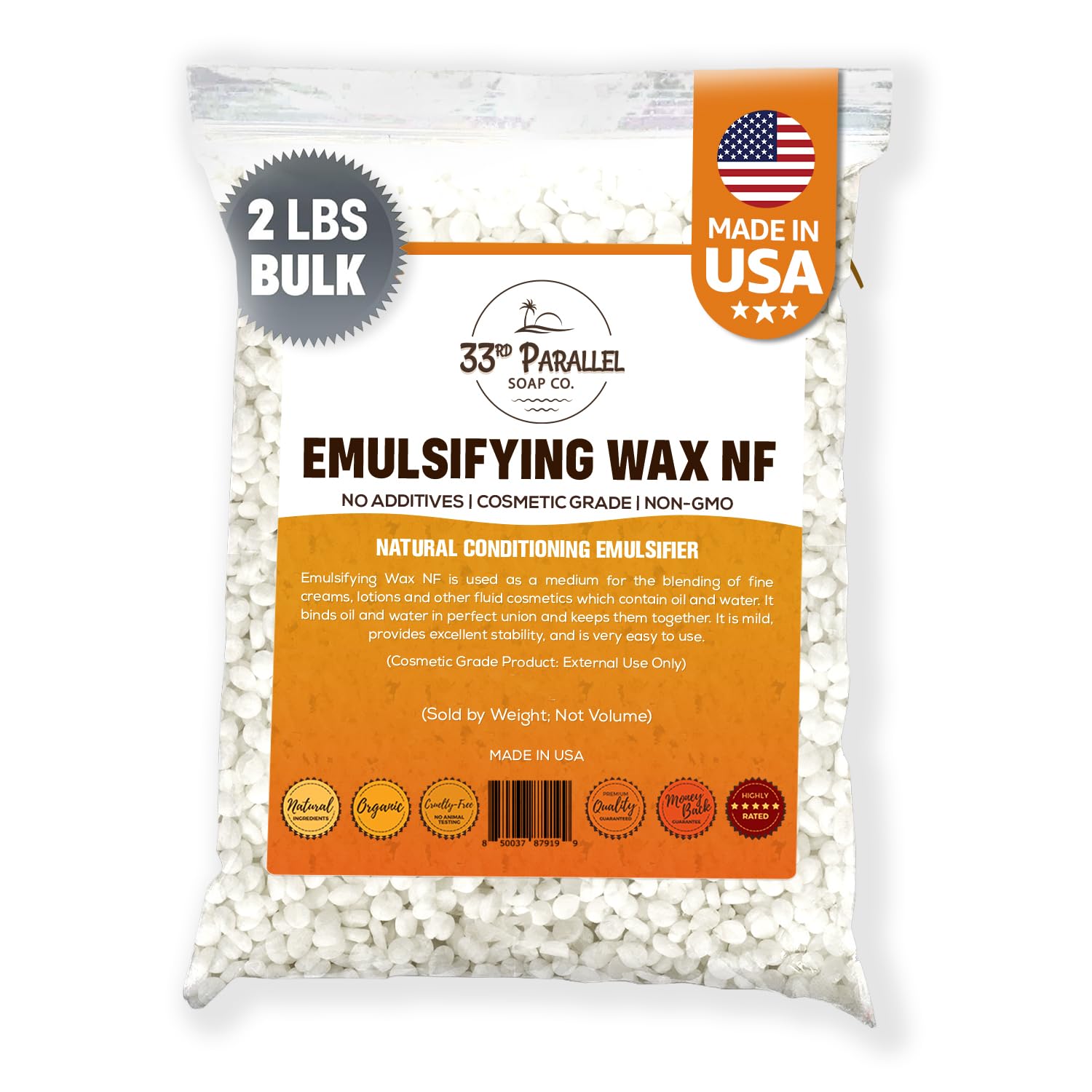 33RD PARALLEL SOAP CO. Non-GMO Emulsifying Wax NF Pastilles (2 LBS / 32 OZ) 100% Natural Plant Derived | For Lotions, Creams, Making, Hair Products | Cosmetic Grade | Product of USA | 2 POUNDS