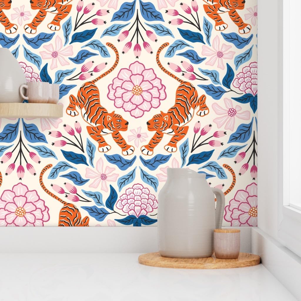 Peel & Stick Wallpaper 3ft x 2ft - Maximalist Tropical Jungle Damask Exotic Botanical Floral Tiger Pink Blue Custom Removable Wallpaper by Spoonflower