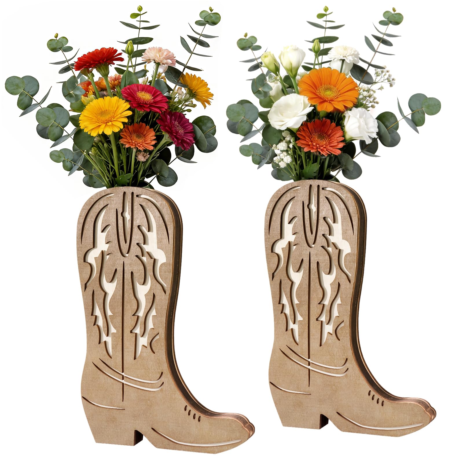 Cowboy Boot Wall Planter Decor: Western Farmhouse Wooden Boots Wall Decor Cowgirl Flower Hanging Vase for Bedroom, Living Room, Dining Room, Entryway, Bathroom Faux Floral Display Retro Style 2 Pcs