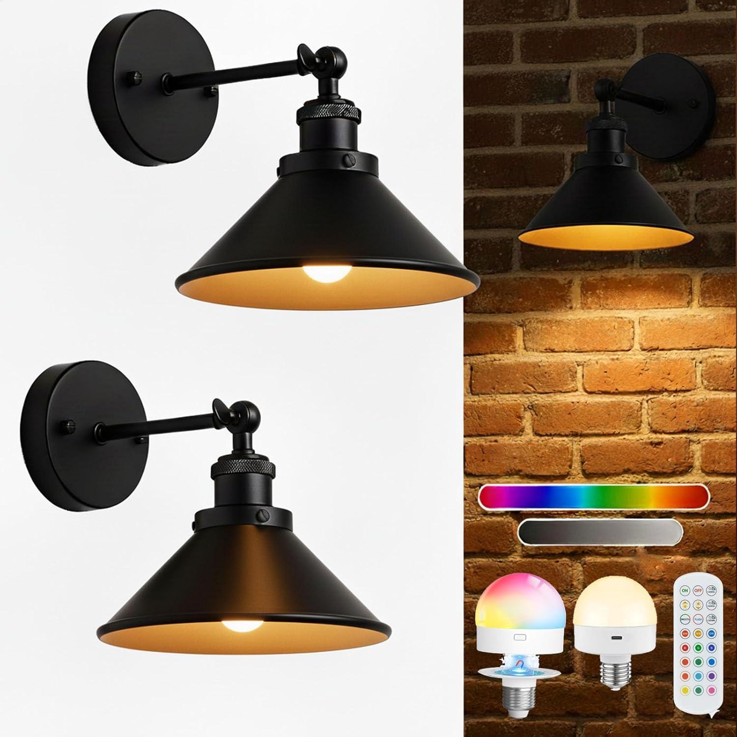 Black Vintage Wireless Battery Operated Wall Sconces — Industrial Cordless Battery Powered LED Wall Lights Set of 2, Wall Lamp with Remote, Indoor Wall Lamp Fixture for Bedroom, Farmhouse, Gallery Classic