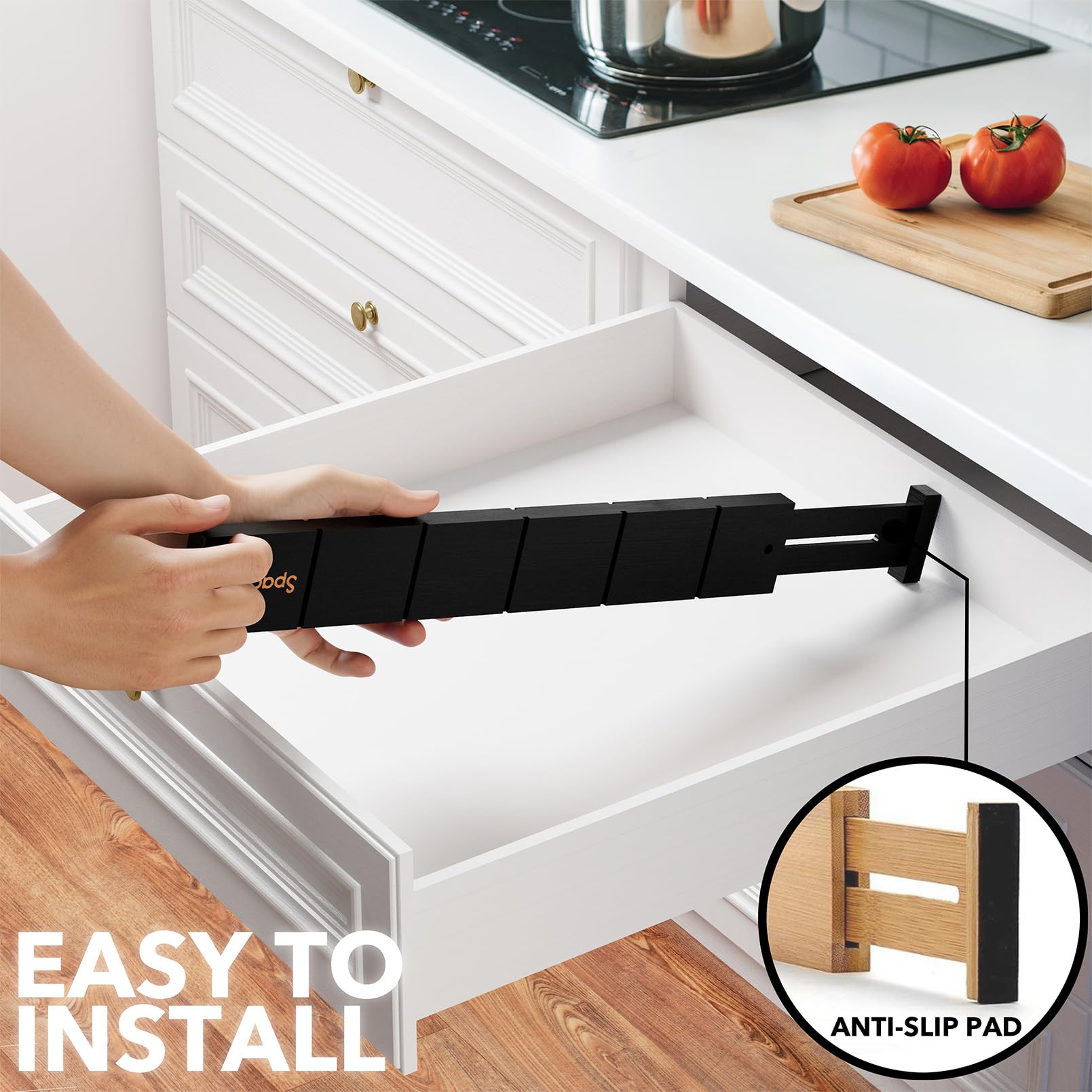SpaceAid Bambus-Schubladeneinteiler mit Einsätzen und Etiketten, verstellbar, erweiterbares Ordnungssystem für Küche, Zuhause, Büro und Kommoden, 7 Trennwände mit 15 Einsätzen, 43 – 56 cm, schwarz