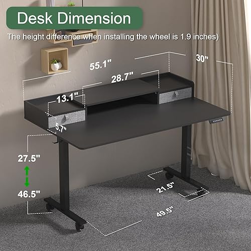 Miniatura 2 de Escritorio eléctrico de pie de 55 x 30 pulgadas con 2 cajones, escritorio de pie ampliado de altura ajustable con estante de almacenamiento,