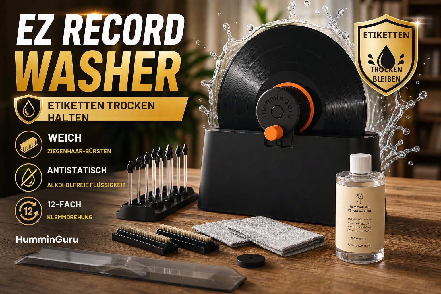HumminGuru EZ Schallplattenwascher, Manuelle Schallplattenreiniger-Maschine mit Müheloser LP-Rotation & Sicherer Klemme, Schallplattenreinigungsset mit Ziegenhaarbürsten, Fluid, Trockengestell & Tuch