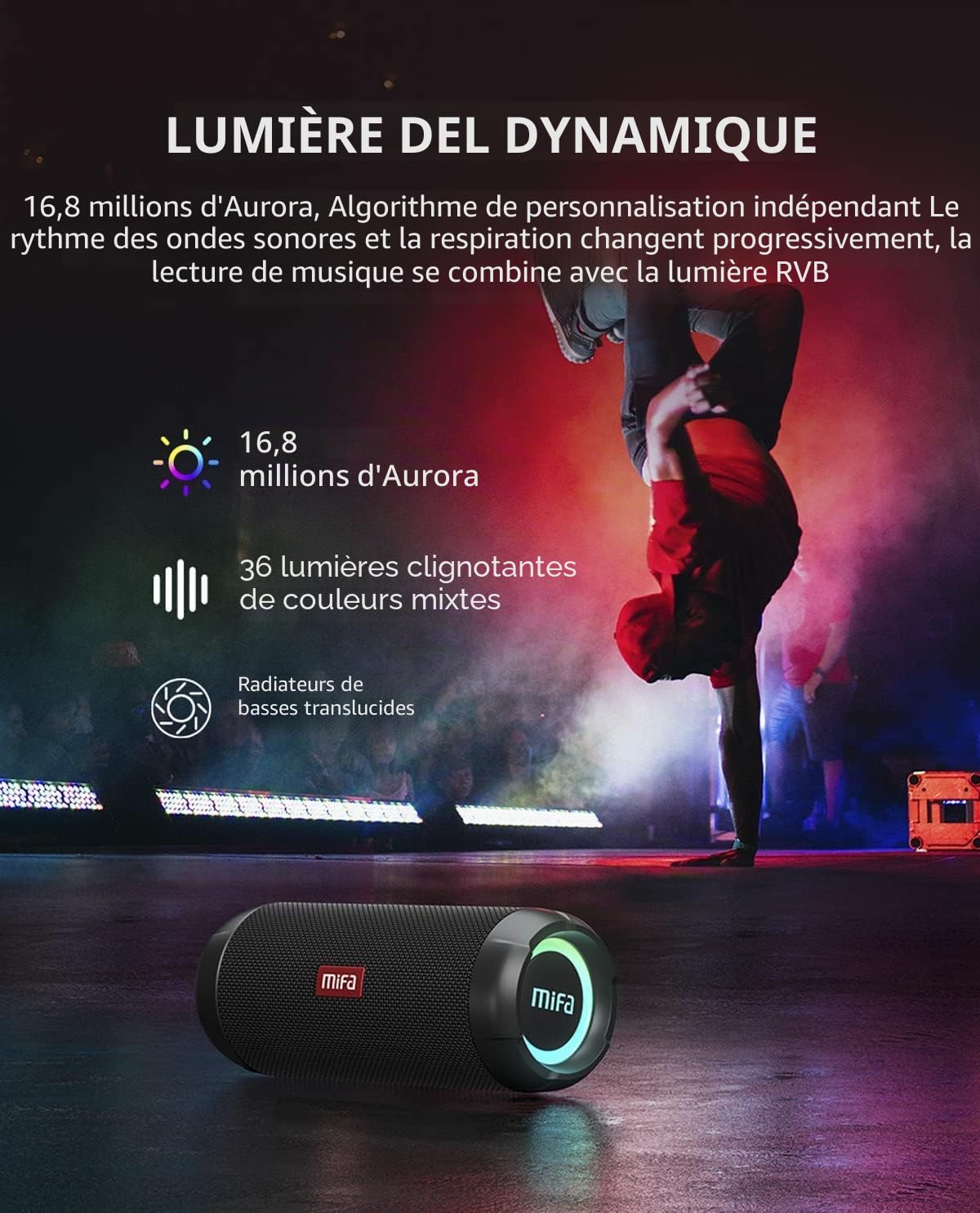 MIFA Haut-Parleur Bluetooth Portable WildRod avec lumière LED, 30 W et Basses Profondes, étanche IP67, 12 Heures Lecture, PartyAdd pour couplage Multi-Haut-parleurs, sans Fil pour Le Camping