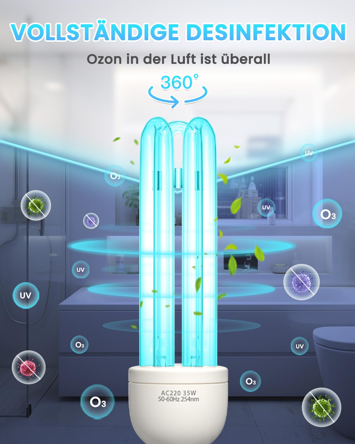 Lampe Desinfektion mit Ozon LED Licht 35W E27 254nm Keimtötende Lampe Starke Sterilisation und Desinfektion AC220-240V Perfekt für Küche, Schlafzimmer, Wohnzimmer, Büro Frischluft
