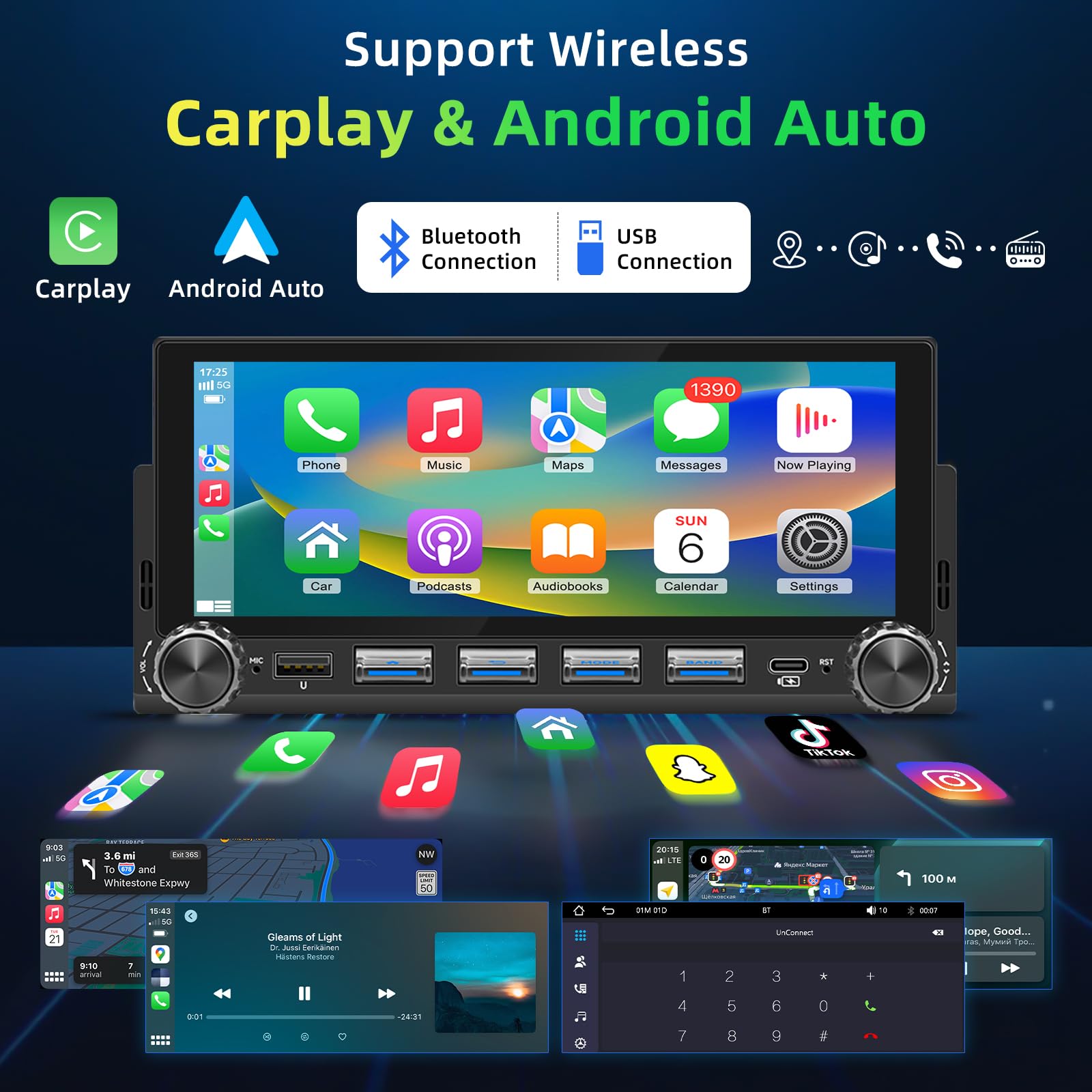 Autoradio 1 DIN mit Wireless CarPlay & Android Auto, 6,86-Zoll HD Touchscreen Auto Display, Mirror Link, Bluetooth, GPS Navigation, FM, EQ, Freisprecheinrichtung, Rückfahrkamera, USB, Type-C