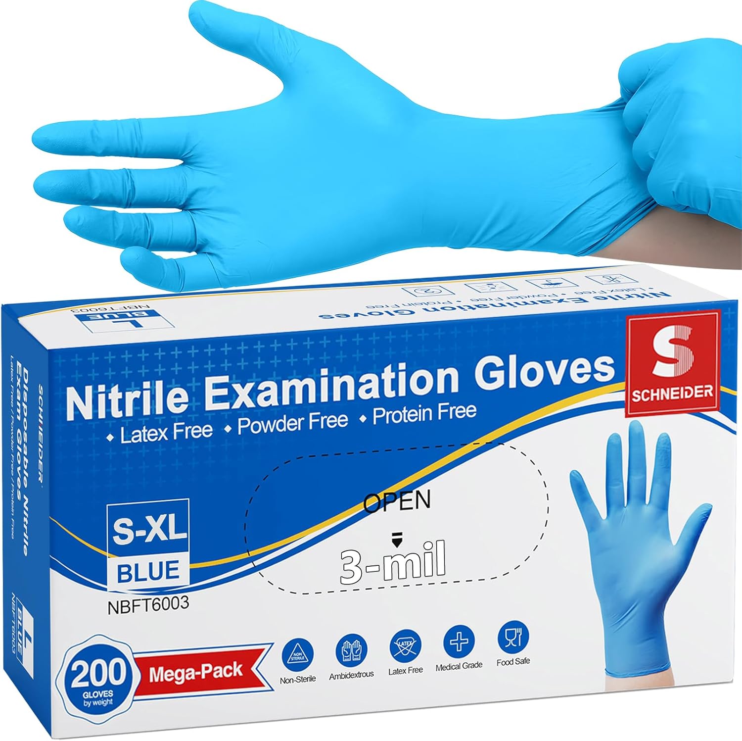 Schneider Nitrile Exam Gloves, Medical Grade Blue Disposable Gloves Latex Free, Rubber Glove for Cleaning, Cooking, Food Prep