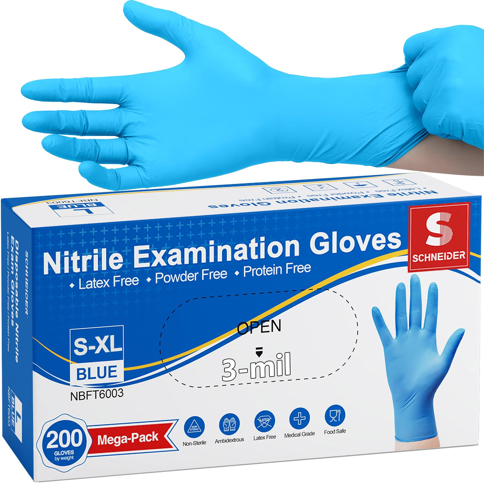 Photo 1 of Schneider Nitrile Exam Gloves - S, 200-ct Box, Medical Grade Blue Disposable Gloves Latex Free, Rubber Glove for Cleaning, Cooking, Food Prep