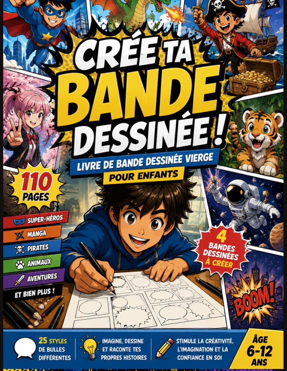 Livre de Bande Dessinée Vierge pour Enfants: Dessiner et raconter tes propres aventures de Super-héros . Manga . Pirates . Animaux . Histoires ... de bulles différentes | Garçons et Fille