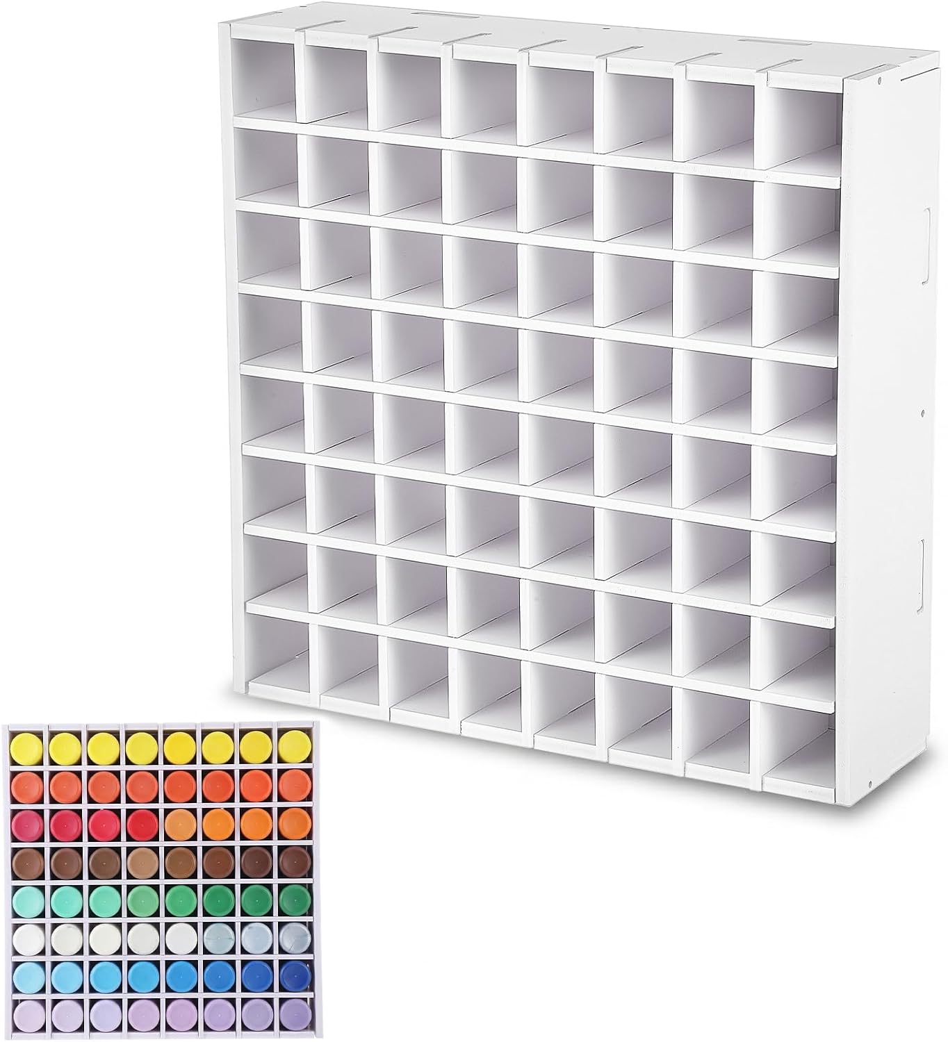 64-Grid Paint Organizer & Storage Rack, Wall-Mountable and Stackable Craft Paint Holder for 2oz Acrylic Paints, White Wood-Plastic Board Construction with Hooks & Screws Included