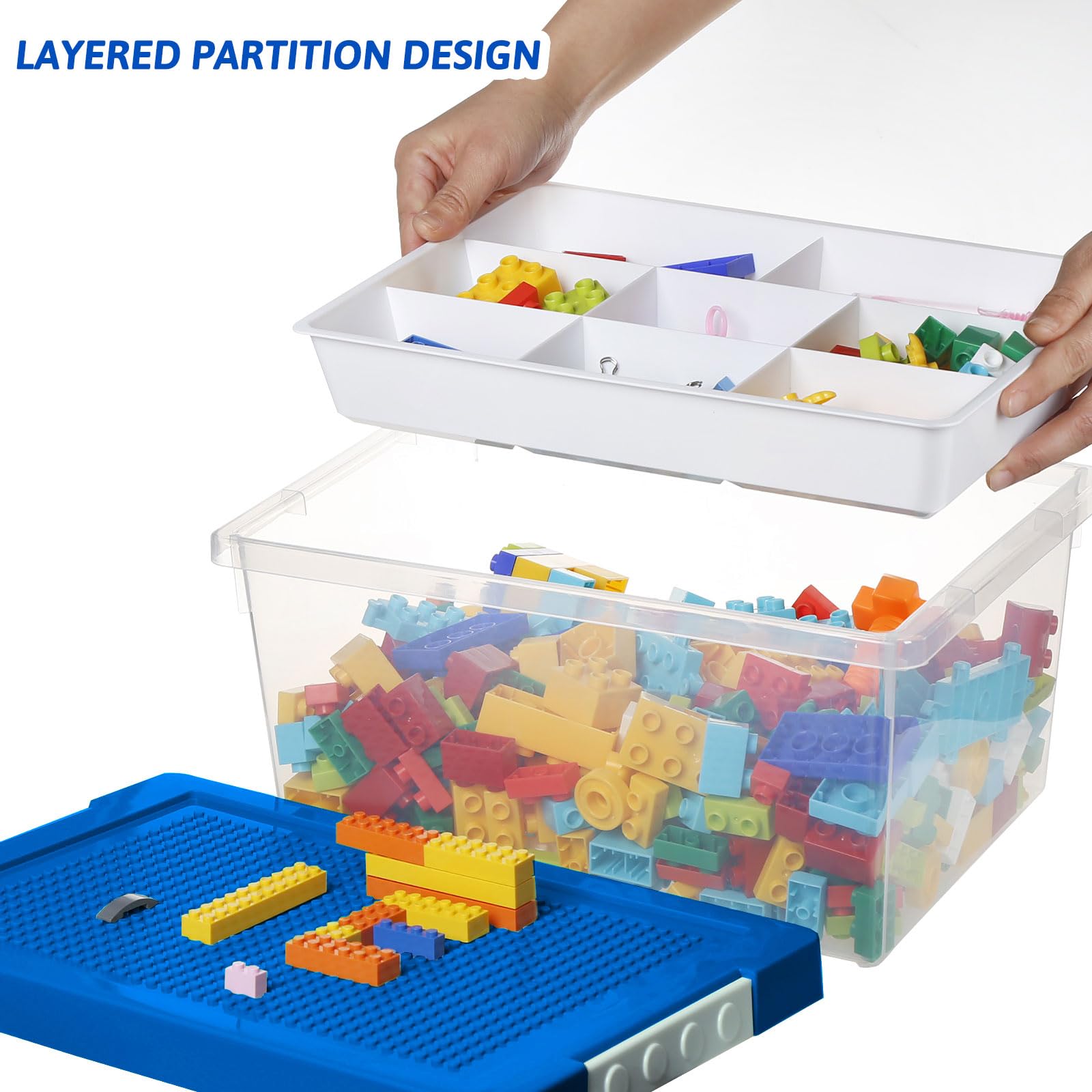 Greentainer Set de 3 Cajas de Almacenamiento de Juguetes con Tapa y Bandeja Extraíble, PP Apilable, Organizador para Bloques, Compatible con Ladrillos, para Habitación Infantil(Azul)