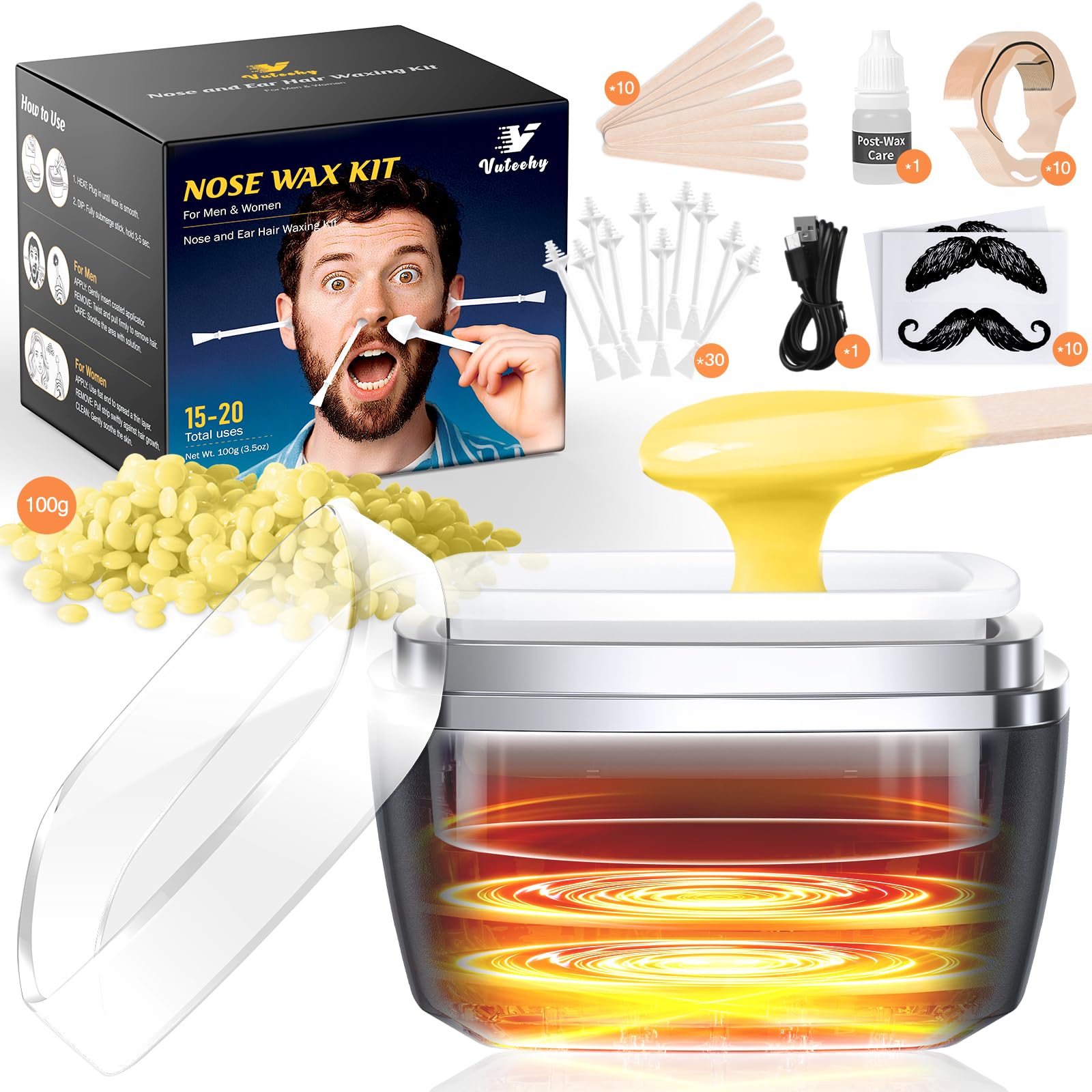 Nose Wax Kit Men Nose Ear Hair Removal Kit for Men Women 40 Sticks 100g Wax USB Fast