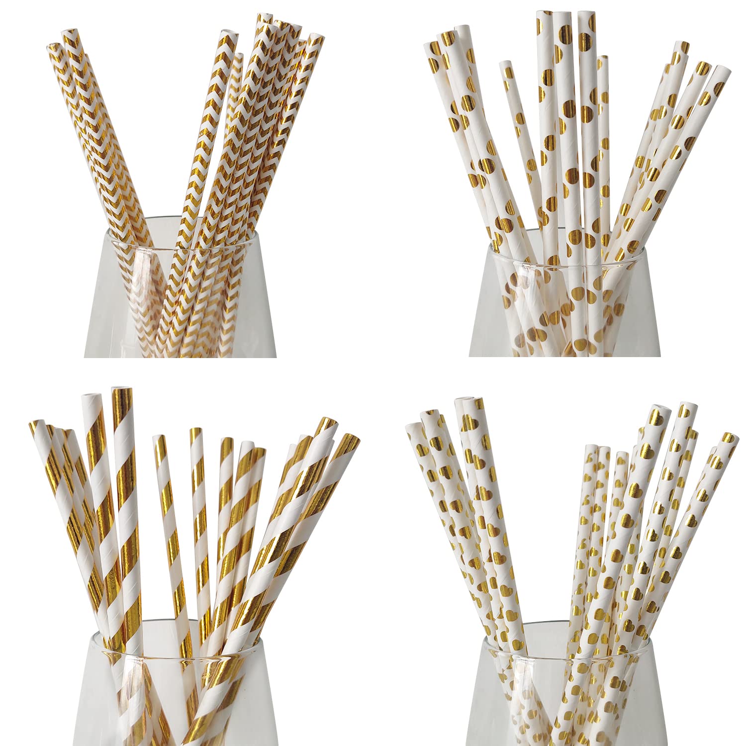 200 Pailles En Papier Dorées Biodégradables - 4 Motifs (pois, Cœur, Rayures, Vagues) - Pour Fêtes