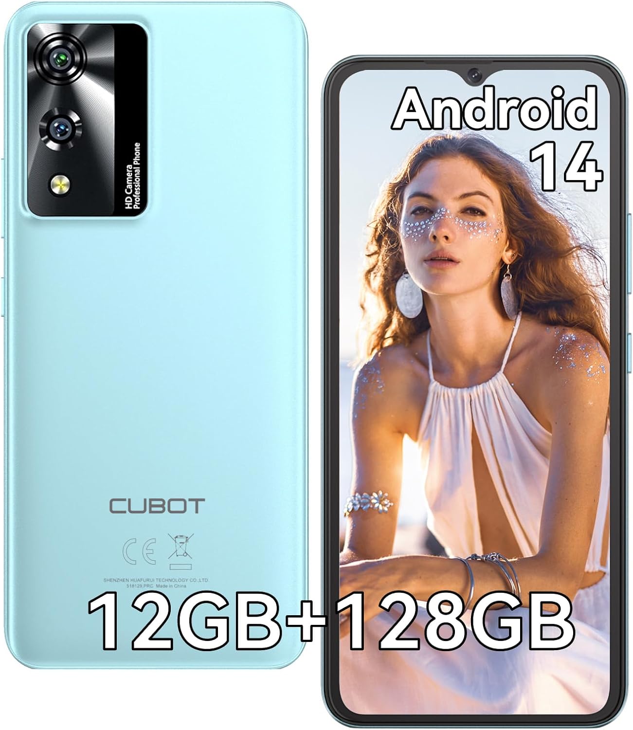 CUBOT A10 Telefono Móvil Libres Android 14 Smartphone 12GB +128GB/1TB, 6,56 Pulgadas HD+, 5100mAh Batería, Cámara 48MP Octa-Core/Dual SIM/OTG/GPS/Tipo-C/Face ID (Azul)