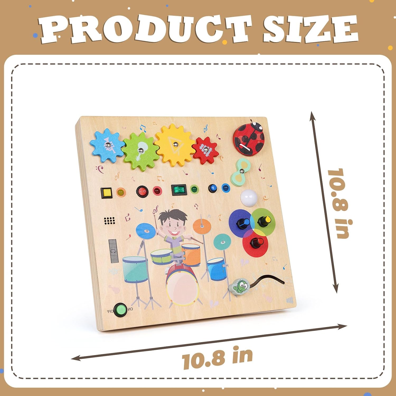 Montessori Busy Board for Toddlers,Wooden Sensory Toys with Wooden Drum​ Musical Toy,LED Lights,Switches,Learning ActivityBoard for Fine Motor Skills, Travel Toy Fidget Board for Baby Boy & Girl