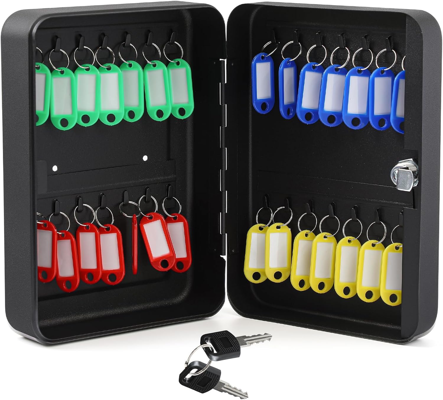 Ripeng 28-Keys Steel Key Lock Box - Wall Mount Key Cabinet with Colorful Secure Tags & Hooks Keys Organizer Storage for Home Office Hotel Rental Business Property Management, Black