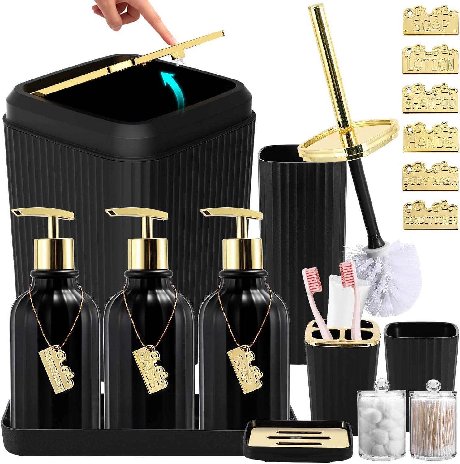 17PCS Bathroom Accessories Set, Black Bathroom Set Bathroom Accessories Set with Trash Can, Toilet Brush, Toothbrush Holder, Qtip Holder & 3PCS Soap Dispenser