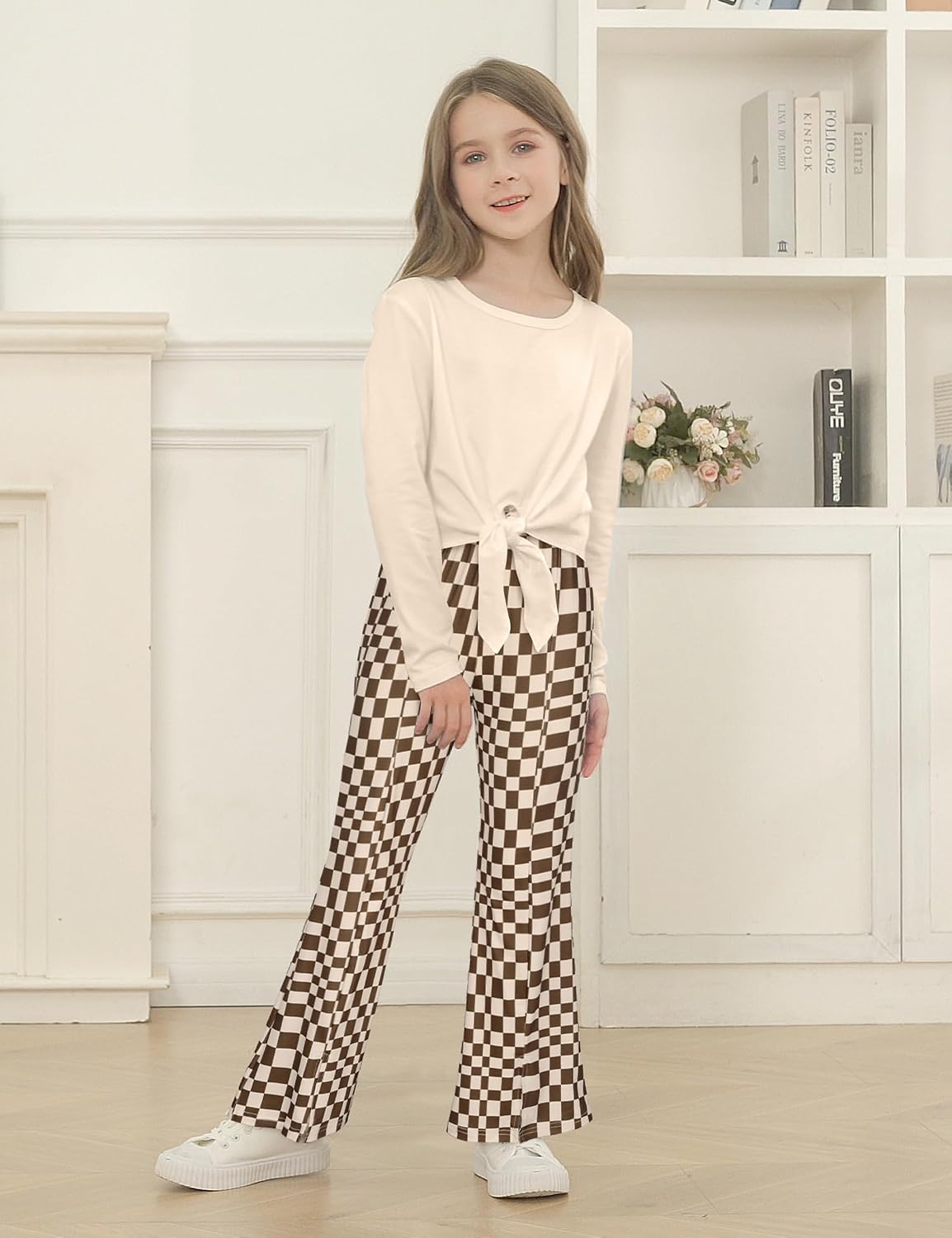 Gaupafmb Girl Clothes Solid Knot Front Long Sleeve Pure T-Shirt Tops Split Flare Pants 2Pcs Toddler Girl Outfit image 2