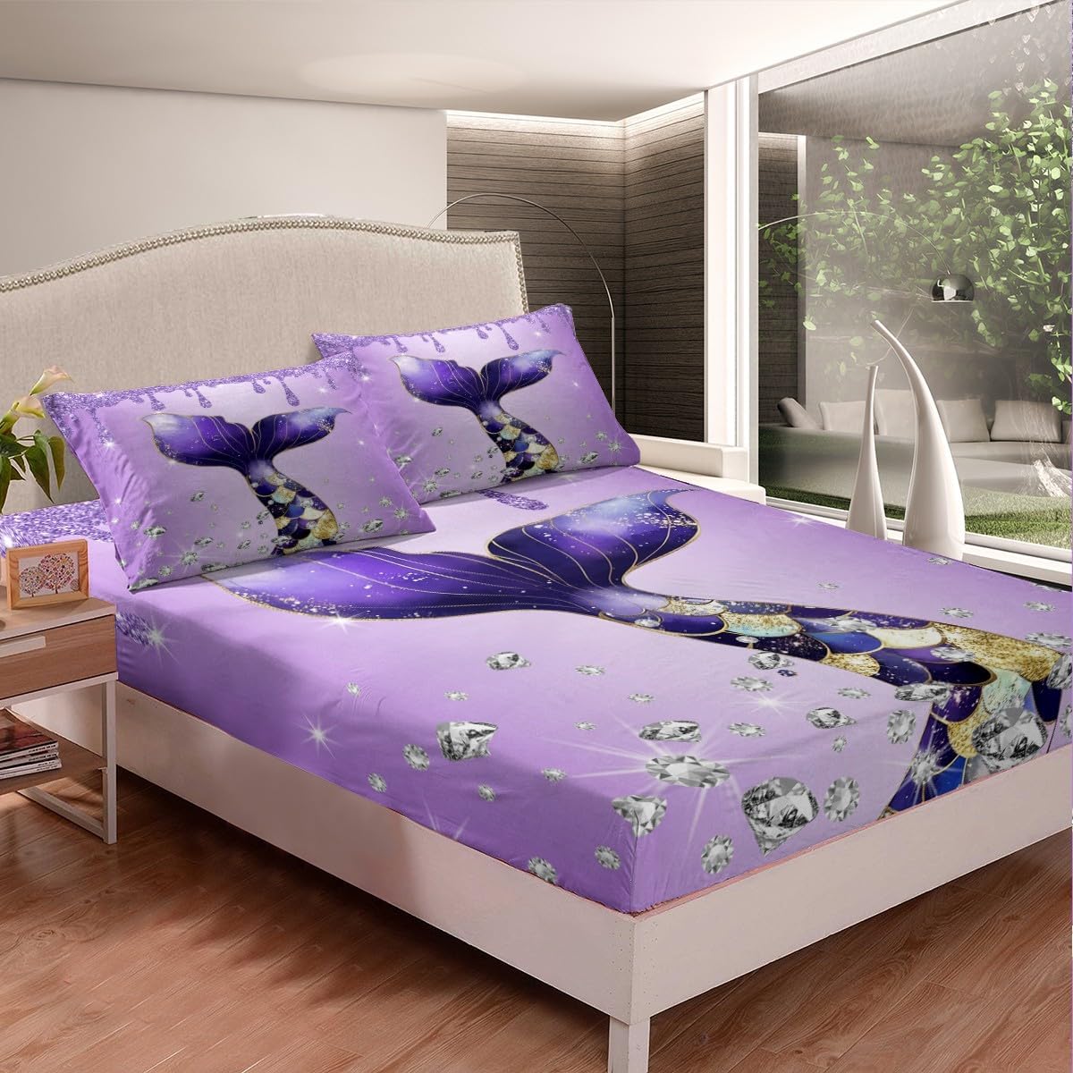 Purple Ocean Animal Full Size Fitted Sheet No Top Sheet,Luxury Diamond Glitter Print 3 Pieces Kids Teenager Room Decor Mermaid Tail Princess Pocket 2 Pillowcases