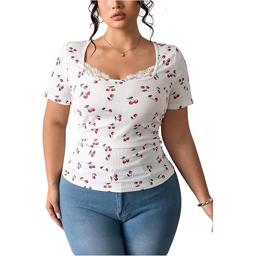 SOLY HUX Women's Plus Size Lace Trim Tops Cherry Print T Shirts Short Sleeve Fitted Aesthetic Tees Coquette Clothes