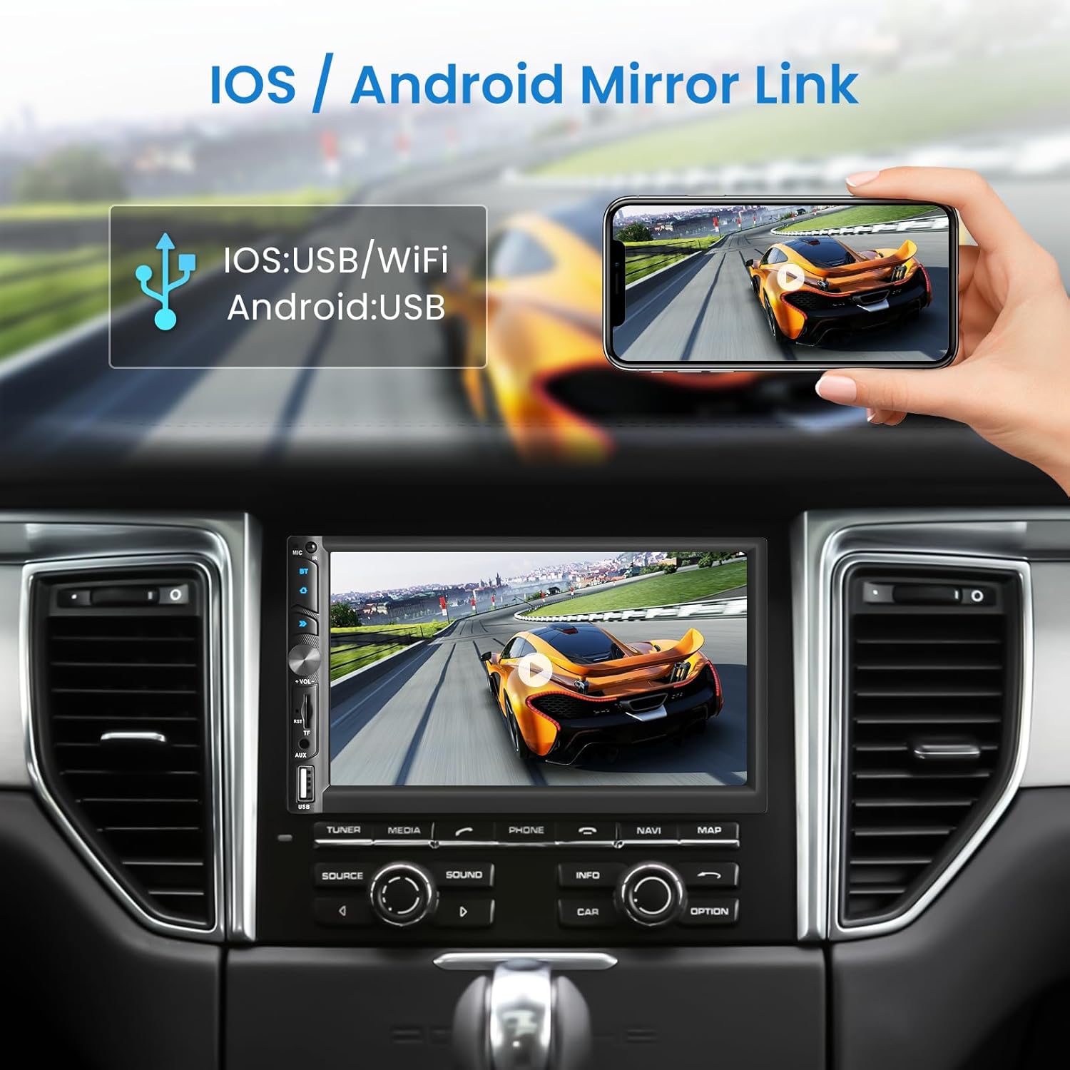 Double Din Car Stereo with Wireless Carplay Android auto, 7 Inch Double Din Car Radio Bluetooth 5.1, Subwoofer, FM, Mirror Link, USB/AUX Port, Backup Camera