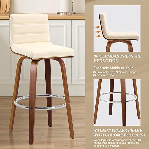 Miniatura 4 de RêveLife Taburete de bar giratorio de 29 pulgadas con respaldo, juego de 2, taburete tapizado de cuero sintético moderno de mediados de siglo,