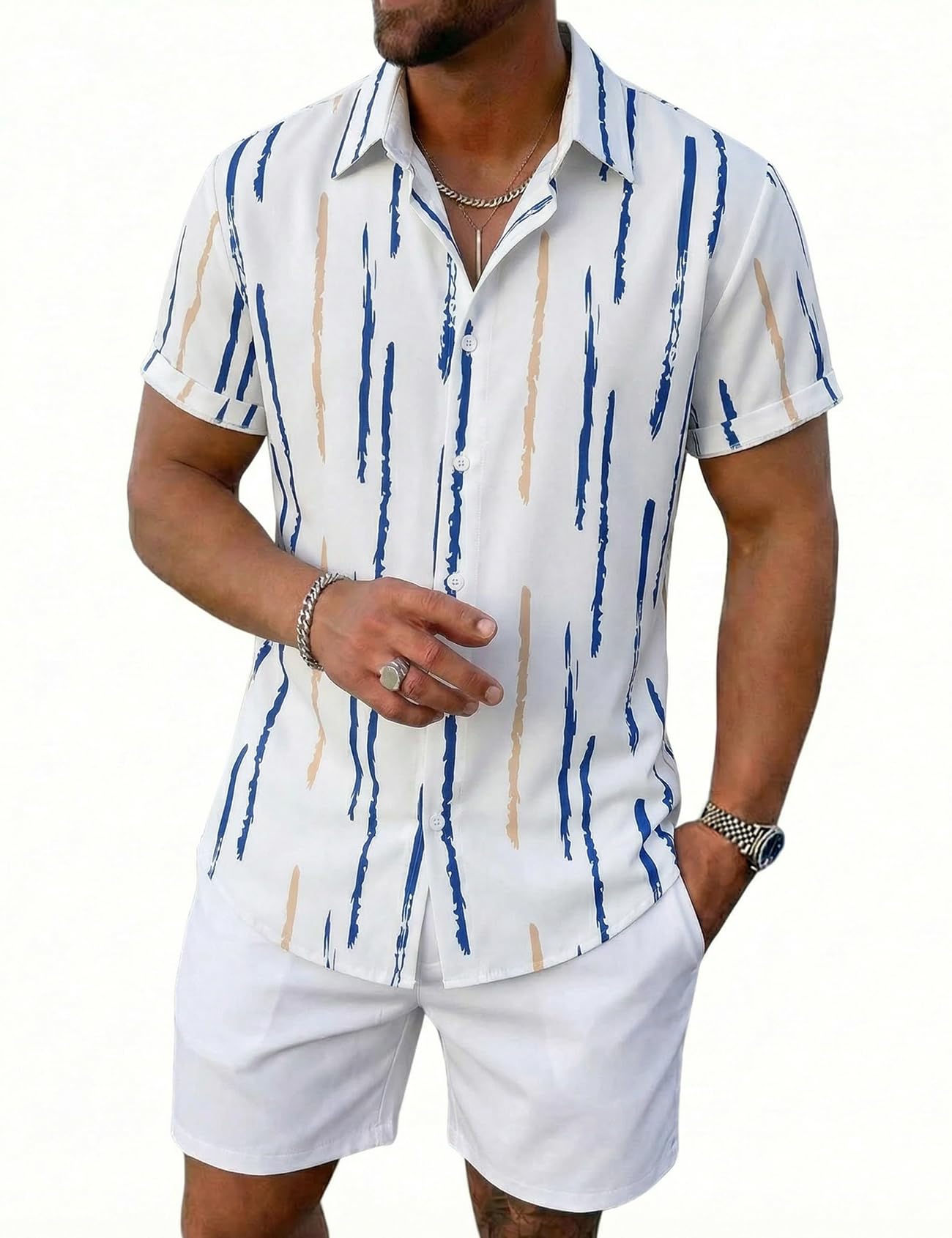 Yimoon Men's Summer 2 Piece Outfits Tropical Print Short Sleeve Button Down Hawaiian Beach Shirt and Shorts Set