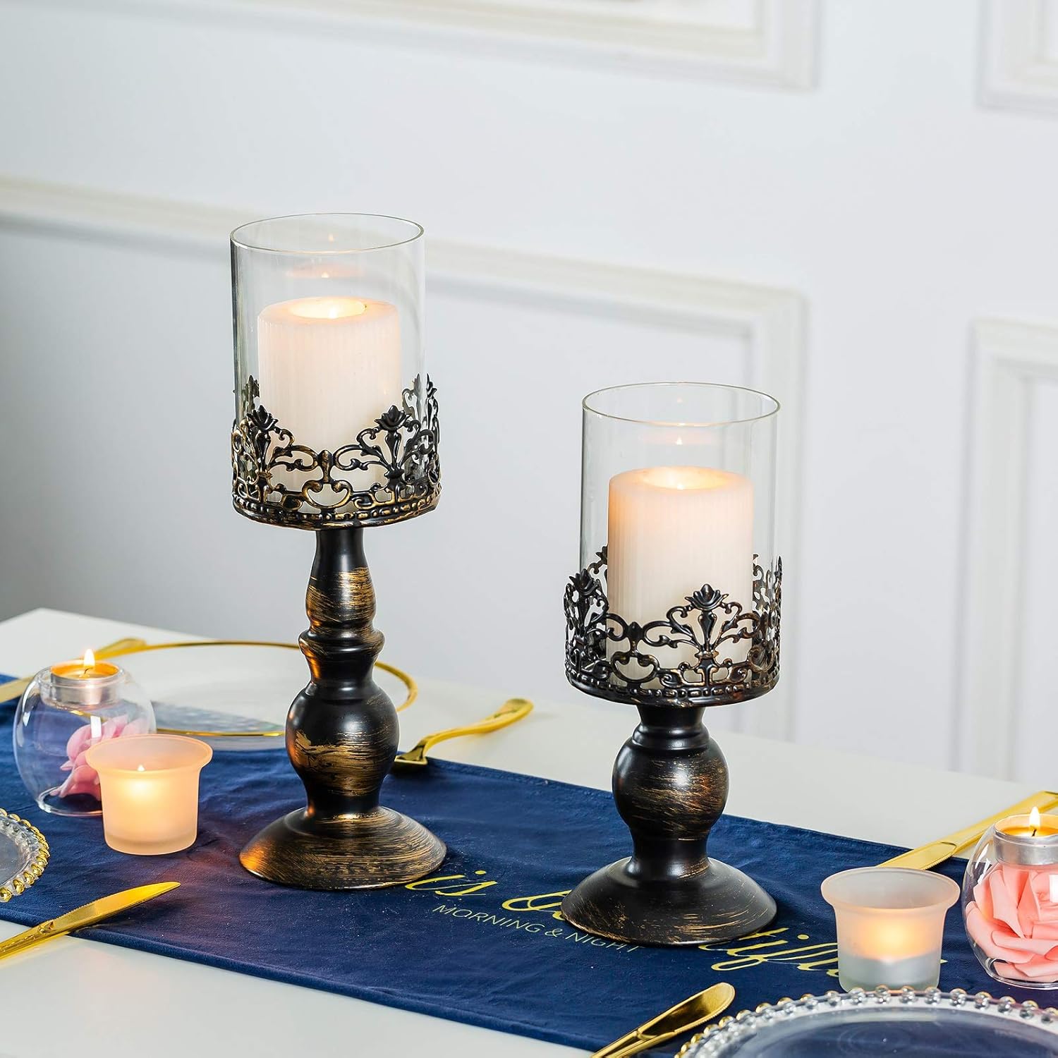 Sziqiqi Vintage Distressed Black Hurricane Candle Holders Set of 2, Versatile Metallic Pedestal Glass Floral Centerpiece Base for Wedding Party Home Fireplace Mantel Decoration 10.6in & 13in : Home & Kitchen