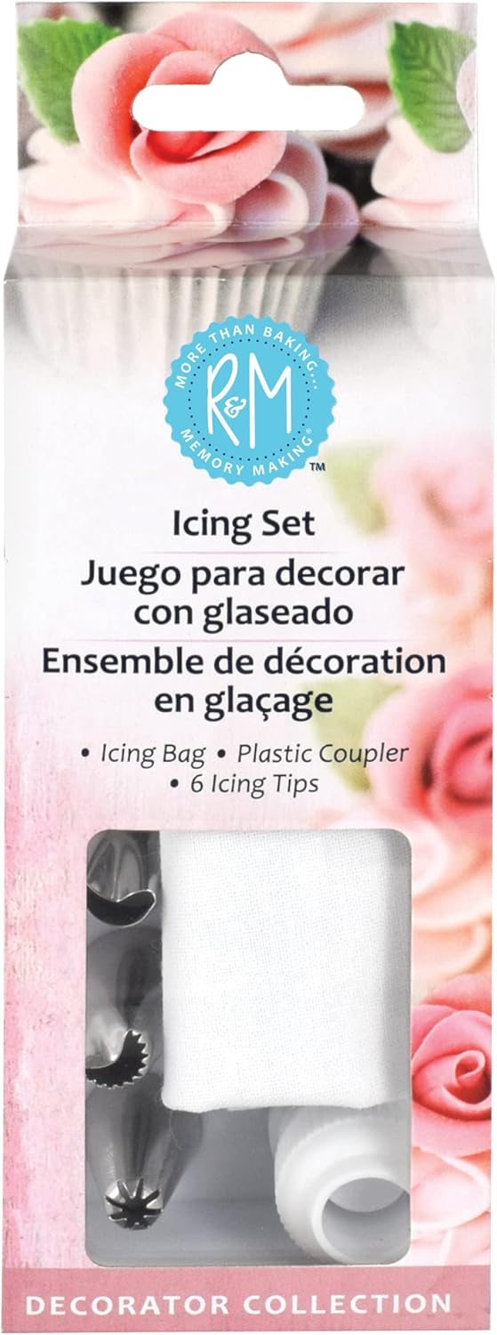 R&M International Icing and Cake Decorating 8-Piece Set, Includes 6 Tips, Icing Bag, and Coupler