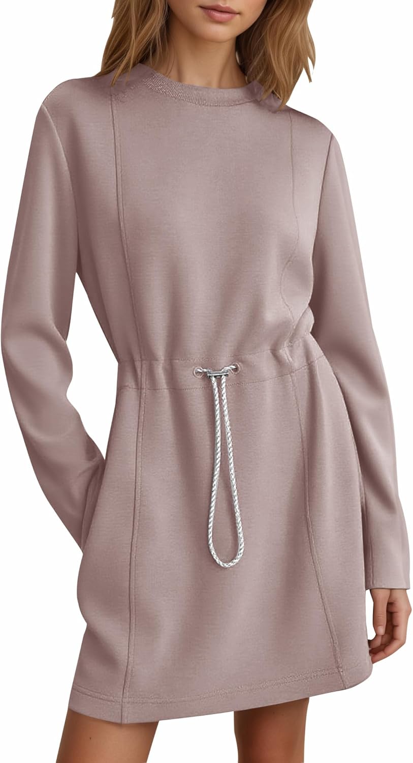 COCOMARTS Womens Casual Long Sleeve Crewneck Sweatshirt Dress Drawstring Waistband Tunic Tops Vacation Mini Dresses 2025 Fall