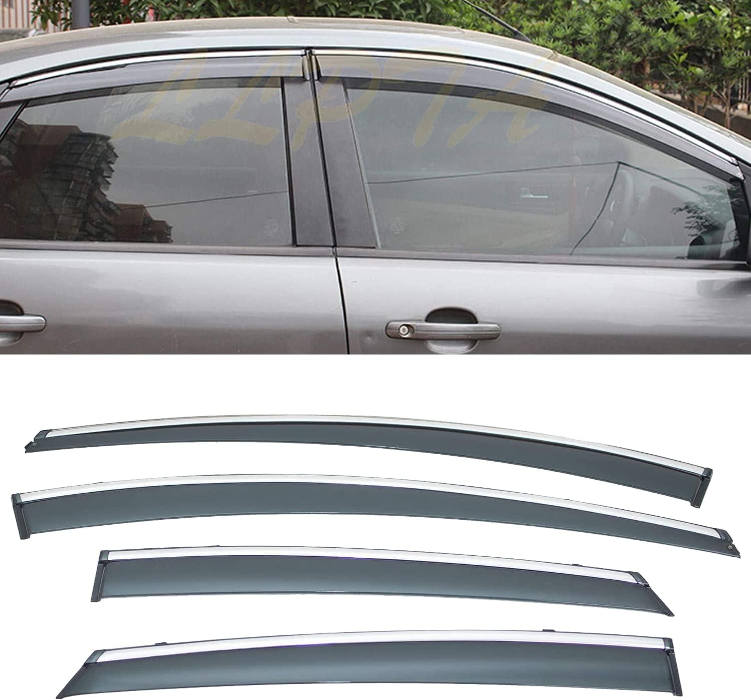Window Visors Compatible with 12-18 Focus 4pcs Smoke Tint with Chrome Trim Outside Mount Tape On/Clip On Style PVC Sun Rain Guard Vent