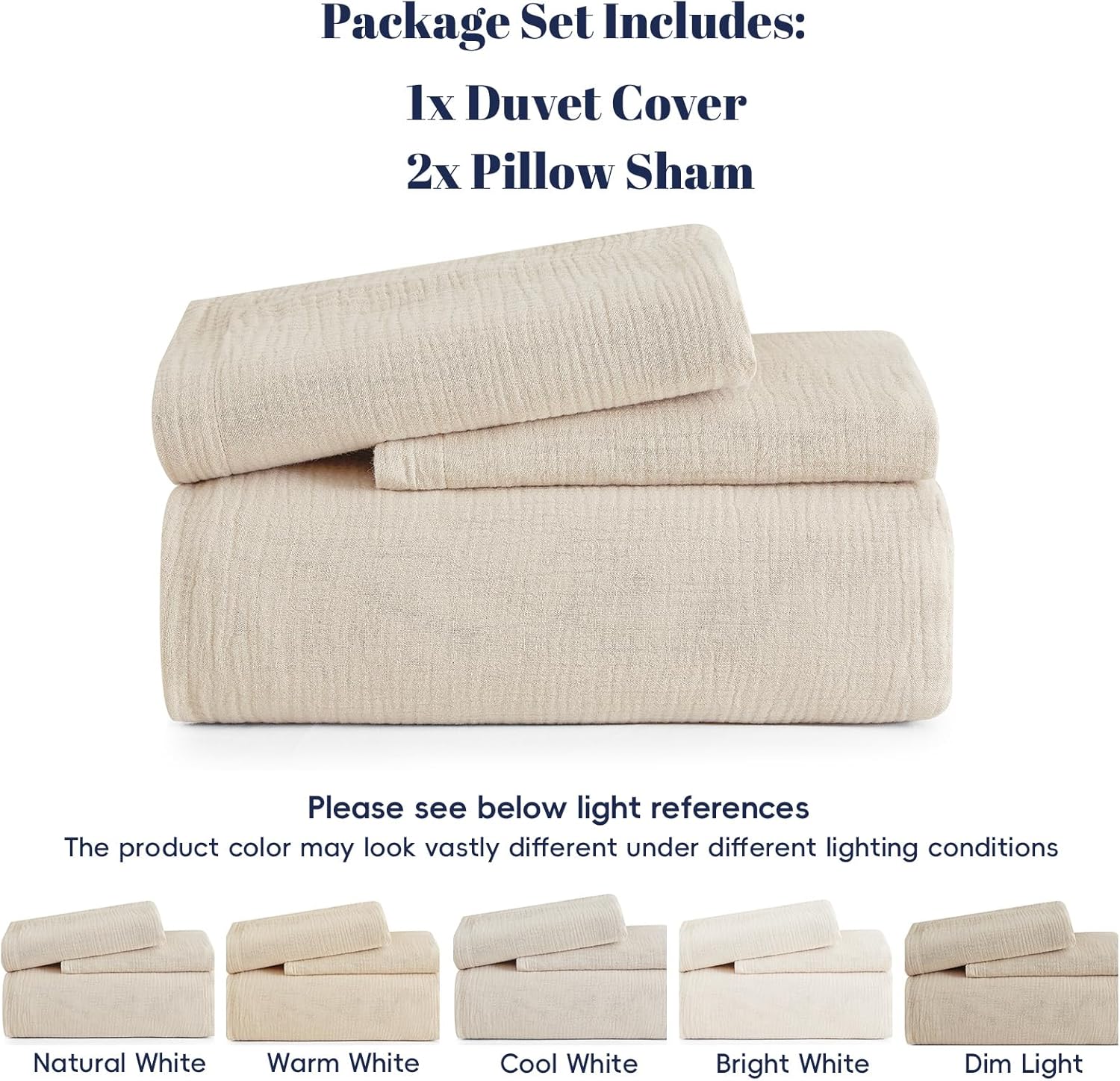 PHF Cotton Muslin Duvet Cover King Size, 3-Layer Ultra-Soft Lightweight Breathable Textured Guaze, Skin-Friendly Minimalist Comforter Cover Set for All Season, with 2 Pillow Shams, 104"x90", Natural